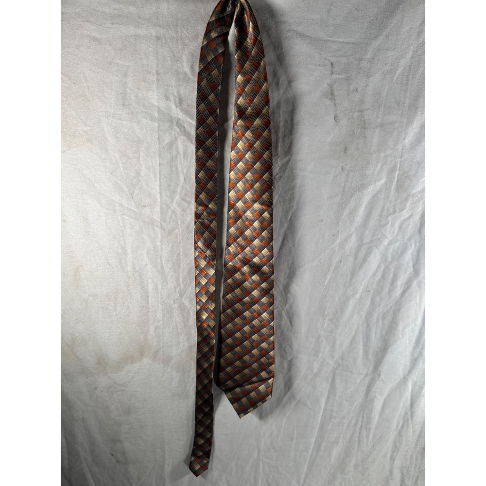 Belisi Mens Silk Necktie Orange Gold Grey Geometric Checkered Hand Made Tie
